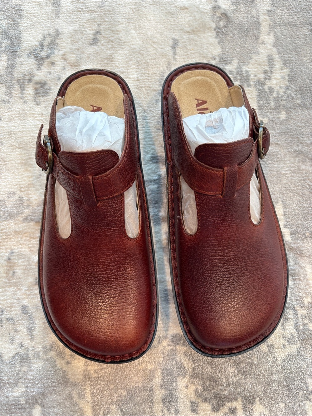 Alegria Womenโs Chestnut Brown Leather Slip-On Loafers with Buckle